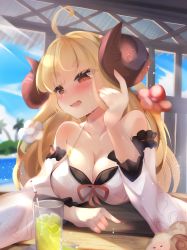Rule 34 | 1girl, absurdres, akiba monaka, anila (granblue fantasy), anila (summer) (granblue fantasy), blonde hair, blue sky, breasts, brown eyes, cleavage, cloud, collarbone, commentary request, curled horns, day, detached sleeves, draph, drink, drinking straw, glass, granblue fantasy, heart, heart-shaped pupils, highres, horns, large breasts, long hair, open mouth, outdoors, sheep horns, sky, solo, sweat, symbol-shaped pupils, thick eyebrows, wide sleeves