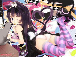 Rule 34 | 1girl, 2009, animal, animal ears, ass, bare shoulders, bell, black hair, buriki, cat, cat ears, cat tail, galge.com, hair ribbon, heart, heart tail, high heels, long hair, lying, mouth hold, multicolored clothes, multicolored legwear, multiple tails, on stomach, one eye closed, open shoes, panties, pink panties, ribbon, shoe dangle, shoes, solo, striped clothes, striped thighhighs, tail, thighhighs, underwear, wallpaper, wink