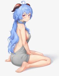 Rule 34 | 1girl, ahoge, backless dress, backless outfit, barefoot, blush, breasts, casual, dress, food, from side, fruit, full body, ganyu (genshin impact), genshin impact, highres, horns, long hair, low ponytail, medium breasts, meme attire, purple eyes, sideboob, smile, soles, solo, stormstx, sweater, toes, virgin killer sweater