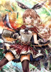 Rule 34 | 10s, 1girl, :d, belt, black thighhighs, book, breasts, cape, clarisse (granblue fantasy), cloud, frilled skirt, frills, gloves, granblue fantasy, green eyes, hair ribbon, hourainingyou, long hair, magic, magic circle, open book, open mouth, ponytail, ribbon, sideboob, skirt, sky, smile, solo, thighhighs, vial