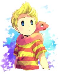Rule 34 | 1boy, :o, artist name, blonde hair, blue eyes, brown eyes, commentary request, cropped torso, light rays, lucas (mother 3), male focus, mimxxpk, mother (game), mother 3, multicolored clothes, nintendo, open mouth, parted lips, quiff, red shirt, shirt, short hair, short sleeves, snake, solo, striped clothes, striped shirt, t-shirt, twitter username, two-tone shirt, upper body, white background, yellow shirt
