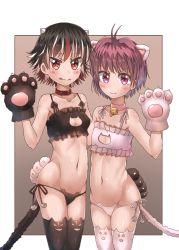 Rule 34 | 2girls, animal ear legwear, animal ears, animal hands, animal print, bad id, bad pixiv id, bell, black bra, black hair, black legwear, black panties, blush, bra, breasts, cat ear legwear, cat ear panties, cat ears, cat lingerie, cat panties, cat paws, cat print, cat tail, choker, cleavage cutout, clothing cutout, collar, fake animal ears, fake tail, fang, fang out, flat chest, gloves, gradient background, hand on another&#039;s hip, hand up, highres, hip focus, horns, kijin seija, looking at viewer, meme attire, multicolored hair, multiple girls, navel, neck bell, panties, paw gloves, pink bra, pink eyes, pink legwear, pink panties, print panties, purple background, purple hair, re-ka, red hair, short hair, side-tie panties, slit pupils, small breasts, smile, stomach, streaked hair, string phone, sukuna shinmyoumaru, tail, thighhighs, tongue, tongue out, touhou, two-tone background, underwear, underwear only, white background, white hair