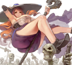 Rule 34 | 1girl, breasts, brown eyes, brown hair, dragon&#039;s crown, hat, huge breasts, kazo (kazozakazo), long hair, looking at viewer, robe, skull, smile, solo, sorceress (dragon&#039;s crown), standing, stick, witch, witch hat