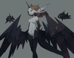 Rule 34 | 1girl, breasts, brown hair, elbow gloves, extra ears, fish, gloves, green eyes, horns, light smile, long hair, monster girl, navel, nude, original, personification, pointy ears, pussy, scales, single horn, solo, tail, thighhighs, wings, yokoe (mealtime)