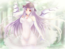Rule 34 | 1girl, alternate costume, alternate hair length, alternate hairstyle, animal ears, breasts, dress, elbow gloves, female focus, gloves, hat, large breasts, light purple hair, long hair, mystia lorelei, navel, negamaro, aged up, pink hair, red eyes, see-through, smile, solo, thighhighs, touhou, very long hair, white gloves, white thighhighs, wings