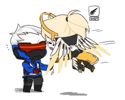 Rule 34 | 1girl, :d, ^ ^, blonde hair, chibi, closed eyes, flying, gameplay mechanics, gloves, halo, head-mounted display, high ponytail, imminent hug, jacket, lowres, mask, mechanical halo, mechanical wings, mercy (overwatch), mouth mask, open mouth, overwatch, overwatch 1, ponytail, scar, short hair, simple background, smile, soldier: 76 (overwatch), visor, white hair, wings, yeowoi, yeowol