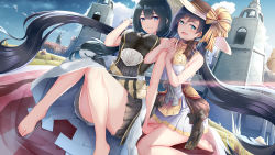 Rule 34 | 2girls, adapted costume, aprilis (ys), aqua eyes, arm hug, bare arms, bare legs, bare shoulders, barefoot, bird, black hair, blue sky, building, day, doll (ys), falcom, hat, highres, hisa09, long hair, looking at viewer, multiple girls, open mouth, outdoors, pleated skirt, prison, seagull, sitting, skirt, sky, smile, sun hat, twintails, very long hair, ys, ys ix monstrum nox