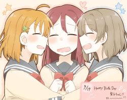 Rule 34 | 3girls, artist name, artist request, blush, bow, bowtie, breasts, brown hair, buttons, clover hair ornament, collarbone, collared shirt, closed eyes, female focus, grey hair, grey sailor collar, hair between eyes, hair ornament, hairclip, heart (symbol), highres, hug, light brown hair, long hair, long sleeves, looking at viewer, love live!, love live! sunshine!!, multiple girls, musical note, orange hair, parted lips, red bow, red hair, sailor collar, sakurauchi riko, school uniform, shirt, small breasts, smile, star (symbol), takami chika, upper body, uranohoshi school uniform, watanabe you, white shirt