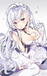 Rule 34 | 1girl, azur lane, belfast (azur lane), between breasts, black dress, blue eyes, blush, braid, breasts, chain, cleavage, collarbone, dress, elbow gloves, gloves, gradient background, grey background, hair between eyes, highres, large breasts, long hair, looking away, looking to the side, maid, maid headdress, open mouth, pingo, signature, silver hair, sitting, sleeveless, sleeveless dress, solo, sweat, teeth, thighhighs, upper teeth only, very long hair, wariza, white background, white gloves, white theme, white thighhighs