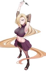 Rule 34 | 1girl, absurdres, arm behind head, armpits, bad id, bad twitter id, black footwear, black nails, blonde hair, breasts, closed mouth, commentary request, detached sleeves, ear piercing, feet, fishnet sleeves, fishnets, forehead, full body, green eyes, hair over one eye, hand up, highres, kiritzugu, kunai, large breasts, legs apart, long hair, looking at viewer, midriff, multicolored hair, nail polish, naruto (series), naruto shippuuden, navel, ninja, piercing, purple skirt, red skirt, simple background, skirt, smile, solid circle pupils, solo, standing, streaked hair, toeless footwear, toes, very long hair, weapon, white background, yamanaka ino