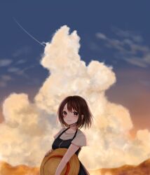 Rule 34 | 1girl, blush, brown eyes, brown hair, cloud, dress, hat, highres, holding, holding clothes, holding hat, looking at viewer, original, outdoors, pinafore dress, short hair, short sleeves, sky, sleeveless, sleeveless dress, smile, solo, straw hat, sunset, suzuko (suzukosz)