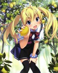 Rule 34 | 1girl, absurdres, ahoge, black thighhighs, blonde hair, blue eyes, bow, fang, fingernails, food, fruit, grisaia (series), grisaia no kajitsu, hand on own thigh, highres, holding, holding food, holding fruit, knees together feet apart, leaning forward, lemon, long hair, matsushima michiru, open mouth, paint.net (medium), pinky out, skirt, solo, thighhighs, twintails, watanabe akio