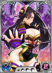 Rule 34 | 1girl, black hair, breasts, card (medium), cleavage, cleavage cutout, clothing cutout, dmm, female focus, groin, hair ornament, holding, japanese clothes, large breasts, legs, long hair, looking at viewer, nobunaga wa ore no yome. hime bushou 1000-ningiri, official art, panties, red eyes, simple background, smile, solo, standing, sword, thighhighs, thighs, trading card, underwear, weapon