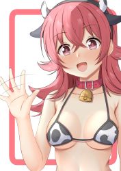 Rule 34 | 1girl, animal ears, animal print, bare shoulders, bell, bikini, blush, breasts, collar, collarbone, commentary request, covered erect nipples, cow ears, cow horns, cow print, hair between eyes, highres, horns, idolmaster, idolmaster shiny colors, komiya kaho, looking at viewer, medium breasts, neck bell, niku114514810, open mouth, red eyes, red hair, smile, solo, swimsuit, upper body, waving
