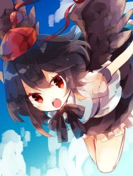 Rule 34 | &gt;:o, 1girl, :o, bare legs, belt, bent over, black bow, black bowtie, black hair, black skirt, black wings, blue sky, blush, bow, bowtie, breasts, cloud, day, flying, frilled skirt, frills, hat, looking at viewer, nikorashi-ka, one-hour drawing challenge, open mouth, outstretched arms, pom pom (clothes), puffy short sleeves, puffy sleeves, red eyes, round teeth, shameimaru aya, shirt, short hair, short sleeves, skirt, sky, solo, teeth, tengu, tokin hat, touhou, tsurime, v-shaped eyebrows, white shirt, wings