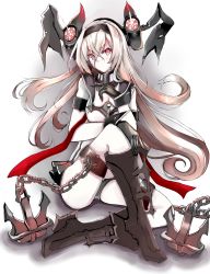 Rule 34 | 1girl, :o, abyssal ship, air defense princess, anchor, black footwear, black gloves, black panties, black skirt, blush, boots, breasts, chain, cleavage, colored skin, crossed legs, eriyama e, full body, gloves, hair between eyes, hairband, high heel boots, high heels, horns, kantai collection, long hair, pale skin, panties, pleated skirt, red eyes, simple background, sitting, skirt, solo, underwear, white background, white hair, white skin