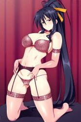Rule 34 | 1girl, antenna hair, bare shoulders, black hair, bra, breasts, cheetah print, choker, cleavage, closed mouth, elbow gloves, female focus, full body, garter belt, gloves, gluteal fold, hair ornament, hair ribbon, high school dxd, highres, himejima akeno, kneeling, large breasts, light smile, lindaroze, lingerie, long hair, looking at viewer, navel, orange ribbon, panties, ponytail, purple eyes, red curtains, ribbon, solo, split mouth, thighhighs, underwear, underwear only, very long hair, wide hips, yellow ribbon