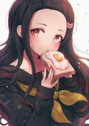 Rule 34 | 1girl, black hair, black sailor collar, black shirt, bread slice, brown hair, brown neckerchief, cat hair ornament, collarbone, commentary, eating, egg (food), fingernails, food, forehead, fried egg, fried egg on toast, gradient hair, hair ornament, holding, holding food, kamado nezuko, kimetsu no yaiba, long hair, long sleeves, looking at viewer, multicolored hair, neckerchief, ozzingo, parted bangs, revision, sailor collar, school uniform, serafuku, shirt, simple background, sleeves past wrists, solo, symbol-only commentary, toast, upper body, white background