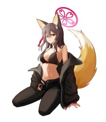 1girl alternate_costume animal_ear_fluff animal_ears black_pants blue_archive fox_ears fox_girl fox_tail halo highres izuna_(blue_archive) kagamine1717 navel open_fly pants pink_halo simple_background solo tail underwear white_background