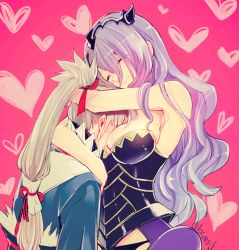 Rule 34 | 1boy, 1girl, armor, artist name, between breasts, black panties, blush, breast smother, breasts, camilla (fire emblem), cleavage, closed eyes, face to breasts, fire emblem, fire emblem fates, grey hair, head between breasts, head on chest, heart, hetero, hug, large breasts, lips, long hair, md5 mismatch, miyuki ruria, nintendo, panties, pink background, ponytail, purple hair, resolution mismatch, source larger, takumi (fire emblem), underwear