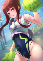 Rule 34 | 1girl, blue one-piece swimsuit, brown eyes, brown hair, c (theta), cheerleader, competition swimsuit, confetti, covered navel, cowboy shot, crop top, grin, highleg, highleg swimsuit, highres, holding, holding pom poms, idolmaster, idolmaster million live!, long hair, looking at viewer, one-piece swimsuit, pom pom (cheerleading), pom poms, shirt, sidelocks, sleeveless, sleeveless shirt, smile, solo, swimsuit, swimsuit under clothes, tanaka kotoha
