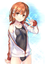 Rule 34 | 1girl, ahoge, alternate costume, arm at side, black one-piece swimsuit, blush, breasts, brown eyes, brown hair, cleavage, collarbone, commentary request, competition swimsuit, covered navel, cowboy shot, gluteal fold, hair ornament, hairclip, highleg, highleg swimsuit, jacket, light smile, long sleeves, looking at viewer, misaka mikoto, navel, one-piece swimsuit, raika9, short hair, small breasts, solo, sparkle, standing, swimsuit, swimsuit under clothes, thighs, toaru kagaku no railgun, toaru majutsu no index, track jacket, v