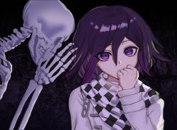 Rule 34 | 1boy, black background, black hair, chain, checkered clothes, checkered scarf, clenched hand, commentary request, danganronpa (series), danganronpa v3: killing harmony, from side, hair between eyes, hand up, highres, long sleeves, looking at viewer, male focus, oma kokichi, pale skin, purple background, purple eyes, purple hair, scarf, skeleton, skull, snow finale, solo, straitjacket, upper body
