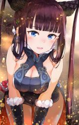 Rule 34 | 1girl, bare shoulders, black dress, blue eyes, blunt bangs, breasts, brown hair, china dress, chinese clothes, cleavage, commentary request, cowboy shot, dress, fate/grand order, fate (series), fur trim, gomennasai, hair ornament, highres, large breasts, leaning forward, long hair, looking at viewer, open mouth, revision, sleeveless, sleeveless dress, solo, twintails, very long hair, yang guifei (fate), yang guifei (second ascension) (fate)