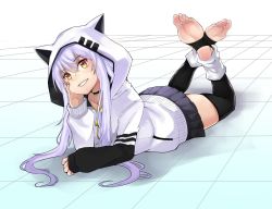 Rule 34 | 1girl, arm support, azuma lim, azuma lim channel, barefoot, cat hoodie, collar, eiji (eiji), feet, hand on face, hood, hoodie, leg warmers, long hair, looking at viewer, lying, miniskirt, on stomach, pleated skirt, purple hair, sidelocks, simple background, skirt, smile, soles, solo, stirrup legwear, teeth, the pose, thighhighs, thighs, toeless legwear, toes, virtual youtuber, white background, yellow eyes, zettai ryouiki