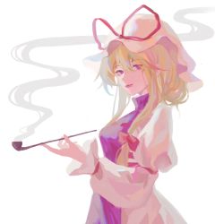 Rule 34 | 1girl, absurdres, blonde hair, bow, closed mouth, commentary, dress, expressionless, from side, hair between eyes, hair bow, hand up, hat, hat ribbon, highres, holding, holding smoking pipe, lips, long sleeves, looking at viewer, looking to the side, miko (15476997), mob cap, purple eyes, red bow, red ribbon, ribbon, short hair with long locks, sidelocks, simple background, smoke, smoking pipe, solo, tabard, touhou, upper body, white background, white dress, white hat, yakumo yukari
