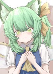 Rule 34 | 1girl, @ @, absurdres, animal ear fluff, animal ears, blue dress, blush, bow, closed mouth, collared shirt, commentary request, commission, daiyousei, dress, fairy wings, green eyes, green hair, hair between eyes, hair bow, hands up, highres, kemonomimi mode, looking at viewer, own hands together, piennamekuzi, puffy short sleeves, puffy sleeves, shirt, short sleeves, side ponytail, skeb commission, sleeveless, sleeveless dress, solo, touhou, white shirt, white wings, wings, yellow bow