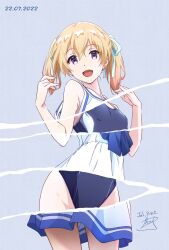 Rule 34 | 1girl, :d, bare shoulders, blonde hair, competition swimsuit, cowboy shot, dated, dress, hair ribbon, hands up, highres, long hair, looking at viewer, nii manabu, one-piece swimsuit, open mouth, original, pink eyes, purple background, revealing layer, ribbon, sailor dress, signature, simple background, smile, solo, standing, swimsuit, twintails, white dress