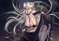 Rule 34 | 1girl, absurdres, azhang, azur lane, bare shoulders, between breasts, black nails, braid, breasts, cleavage, closed mouth, commentary, double bun, dress, fingernails, formidable (azur lane), garter straps, hair bun, highres, large breasts, leaning forward, lips, long hair, looking at viewer, nail polish, red eyes, silver hair, simple background, skirt hold, smile, thighhighs, thighs, turtleneck, white thighhighs