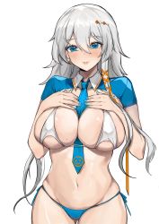 Rule 34 | 1girl, absurdres, asymmetrical hair, between breasts, bikini, blue bikini, blue eyes, blue nails, blue necktie, breasts, commentary request, covered erect nipples, fingernails, hair between eyes, hair ornament, hands on own chest, hands up, highres, jintianhuahualema, large breasts, long hair, looking at viewer, mismatched bikini, mole, mole on breast, multicolored bikini, multicolored clothes, nail polish, navel, necktie, necktie between breasts, original, parted lips, revision, shiny skin, short sleeves, shrug (clothing), side-tie bikini bottom, silver hair, simple background, solo, swimsuit, very long hair, white background, white bikini, x hair ornament