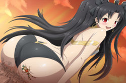Rule 34 | 2girls, ass, bare shoulders, black hair, blonde hair, blush, breasts, crown, curvy, destruction, earrings, fate/grand order, fate (series), from behind, giant, giantess, highres, hoop earrings, huge ass, ishtar (fate), jewelry, long hair, looking back, looking down, mini person, minigirl, multiple girls, open mouth, panties, quetzalcoatl (fate), red eyes, shiny skin, sideboob, sky, smile, thedaibajin, tohsaka rin, twintails, two side up, underwear, very long hair