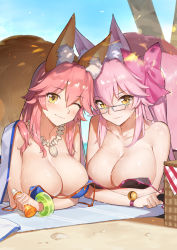 Rule 34 | 2girls, ;), absurdres, animal ear fluff, animal ears, bangle, beach, beach mat, bikini, blush, bottle, bow, bracelet, breasts, cleavage, commentary request, day, duan henglong, fate/grand order, fate (series), fox ears, fox girl, fox tail, glasses, hair bow, hair ribbon, highres, holding, holding bottle, jewelry, koyanskaya (fate), large breasts, long hair, looking at viewer, lotion, lying, multiple girls, on stomach, one eye closed, outdoors, pink hair, ribbon, sand, smile, swimsuit, tail, take your pick, tamamo (fate), tamamo no mae (swimsuit lancer) (fate), untied bikini, very long hair, yellow eyes