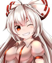 Rule 34 | 1girl, ;), ahoge, blush, bow, breasts, clenched teeth, commentary request, fujiwara no mokou, grin, hair bow, highres, kredorf, long hair, looking at viewer, medium breasts, one eye closed, red eyes, shirt, short sleeves, silver hair, simple background, smile, solo, suspenders, teeth, touhou, upper body, white background, white shirt