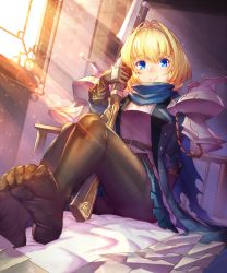 Rule 34 | 1girl, antenna hair, arm at side, armor, bed sheet, bedroom, belt, belt buckle, between legs, black pantyhose, blonde hair, blue eyes, blue jacket, blue scarf, blue skirt, blush, brown gloves, buckle, buttons, closed mouth, day, dragoon (sekaiju), dust, earrings, elbow gloves, etrian odyssey, feet, foreshortening, gloves, gun, holding, holding gun, holding weapon, indoors, jacket, jewelry, legs together, lens flare, light rays, long sleeves, miniskirt, no shoes, on bed, open clothes, open jacket, pantyhose, phalanx (sekaiju), scarf, sekaiju no meikyuu, sekaiju no meikyuu 3, sekaiju no meikyuu 5, short hair, shoulder pads, sitting, skirt, smile, soles, solo, sunlight, takamine nadare, thighband pantyhose, toe scrunch, toes, unbuttoned, weapon, window