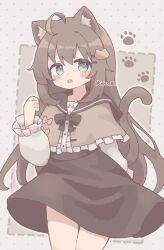 1girl :d ahoge animal_ear_fluff animal_ears biachan_(colon_br) black_bow black_bowtie black_sailor_collar black_skirt blue_eyes blush bow bowtie brown_capelet brown_hair capelet cat_ears cat_girl cat_tail colon_br commentary cowboy_shot frilled_capelet frilled_sleeves frills hair_ornament hairclip hand_up highres long_hair long_sleeves looking_at_viewer open_mouth original outline sailor_collar shirt skirt smile solo tail white_outline white_shirt