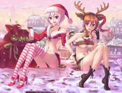 Rule 34 | 2girls, animal costume, antlers, bandeau, bare shoulders, bell, blue eyes, boots, breasts, brown hair, chimney, christmas, collar, gloves, hairband, hat, high heels, horns, jewelry, large breasts, long hair, medium breasts, midriff, miniskirt, multiple girls, navel, neck bell, necklace, open mouth, original, panties, pantyshot, pendant, pink hair, pointy ears, purple eyes, reindeer antlers, reindeer costume, rooftop, sack, santa costume, santa hat, short hair, side ponytail, sidelocks, sitting, skirt, smile, snow, striped clothes, striped legwear, striped thighhighs, suikakitsu shiro, tears, thighhighs, underboob, underwear, xia you qing