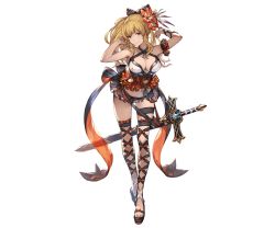Rule 34 | 10s, 1girl, arms up, bent over, bikini, blonde hair, bow, breasts, cleavage, criss-cross halter, cross-laced clothes, cross-laced legwear, flower, frilled bikini, frills, full body, granblue fantasy, hair bow, hair flower, hair ornament, halterneck, halterneck, leaning forward, long hair, looking at viewer, minaba hideo, navel, official art, orange eyes, ponytail, sandals, sidelocks, smile, solo, standing, swimsuit, sword, thighhighs, transparent background, vira (granblue fantasy), weapon