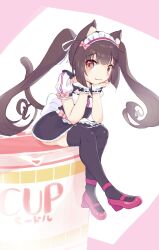 1girl :3 animal_ear_fluff apron bi_neko706 black_bow black_skirt black_thighhighs blunt_bangs blunt_ends blush bow brown_eyes brown_hair cat_girl cat_tail chocola_(nekopara) closed_mouth commentary_request cup_ramen frilled_apron frilled_skirt frills full_body hair_bow hair_ribbon head_rest highres hood hood_up knees_together_feet_apart leaning_forward long_hair looking_at_viewer maid maid_headdress mary_janes nekopara pink_bow pink_footwear puffy_short_sleeves puffy_sleeves ribbon ribbon-trimmed_cuffs shoes short_sleeves sidelocks simple_background sitting skirt sleeve_bow slit_pupils smile solo tail tail_raised thighhighs twintails very_long_hair waist_apron white_apron white_background white_ribbon white_wrist_cuffs wrist_cuffs