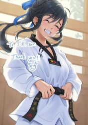 Rule 34 | 1girl, belt, black belt, black hair, blue bow, bow, character request, closed eyes, commission, detailed knuckles, dojo, dougi, english text, happy, highres, indoors, kanitamago, leaf, light blush, light particles, long bangs, original, sky, smile, solo, sunlight, thank you, translation request, tree, yellow sky