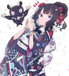 Rule 34 | &gt; &lt;, 1girl, :o, animal, black hair, black kimono, blue eyes, bowl, chinese zodiac, closed eyes, commentary request, cow horns, cup, drinking glass, dutch angle, fake horns, fate/grand order, fate (series), floral print, hair ornament, hands up, highres, holding, holding bowl, holding cup, horns, japanese clothes, katsushika hokusai (fate), kimono, looking at viewer, notice lines, obi, octopus, parted lips, print kimono, sash, sparkle background, tokitarou (fate), totatokeke, white background, year of the ox