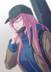 Rule 34 | 1girl, aged up, baseball cap, black hat, blue eyes, blue hoodie, bocchi the rock!, earrings, glasses, gotoh hitori, hat, highres, holding, holding mask, hood, hoodie, instrument case, jacket, jewelry, long hair, long sleeves, lowlifescore, mask, mouth mask, pink hair, solo, surgical mask, unworn mask, upper body