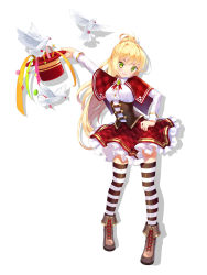 Rule 34 | 1girl, apostate, bird, blonde hair, boots, capelet, corset, cross-laced footwear, dove, frills, full body, green eyes, hand on own hip, hat, highres, lace-up boots, long hair, looking at viewer, magician, plaid, plaid skirt, ponytail, skirt, solo, standing, striped clothes, striped thighhighs, thighhighs, top hat, very long hair