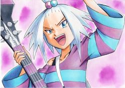 Rule 34 | 1girl, :d, arm up, bass guitar, blue eyes, collarbone, commentary, creatures (company), dress, forehead, freckles, game freak, hair bobbles, hair ornament, hand up, highres, holding, holding instrument, instrument, looking at viewer, nintendo, oka mochi, open mouth, pokemon, pokemon bw2, purple background, roxie (pokemon), short hair, smile, solo, spiked hair, strap, striped clothes, striped dress, teeth, tongue, topknot, traditional media, two-tone dress, upper body, upper teeth only, white hair