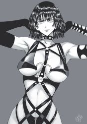 Rule 34 | 1girl, absurdres, armpits, bondage outfit, breasts, closed mouth, collar, commentary, elbow gloves, english commentary, fubuki (one-punch man), gloves, greyscale, hands up, heart o-ring, highleg, highleg panties, highres, large breasts, light smile, looking at viewer, monochrome, mostlybluewyatt, o-ring, one-punch man, panties, short hair, signature, simple background, solo, spiked collar, spikes, underwear, v-shaped eyebrows, zipper