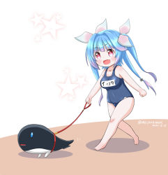 Rule 34 | 1girl, abyssal ship, barefoot, blue hair, blue one-piece swimsuit, breasts, commentary request, dated, flower-shaped pupils, hair ribbon, i-19 (kancolle), i-class destroyer, kantai collection, large breasts, leash, long hair, masara (chuujou), name tag, one-piece swimsuit, red eyes, ribbon, school swimsuit, star (symbol), starry background, swimsuit, symbol-shaped pupils, tri tails, twintails, twitter username, walking, white background