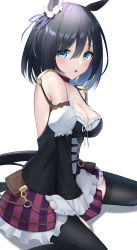 Rule 34 | animal ears, apron, belt, black hair, black shirt, black thighhighs, blouse, blue eyes, blue ribbon, blush, bodice, breasts, brown belt, cleavage, commentary, detached sleeves, dirndl, eishin flash (umamusume), frilled skirt, frilled sleeves, frills, german clothes, highres, horse ears, horse girl, horse tail, large breasts, long sleeves, looking at viewer, pink skirt, purple skirt, ribbon, shirt, short hair, simple background, sitting, skirt, solo, striped clothes, striped skirt, tail, takmi, thighhighs, umamusume, vertical-striped clothes, vertical-striped skirt, wariza, white apron, white background